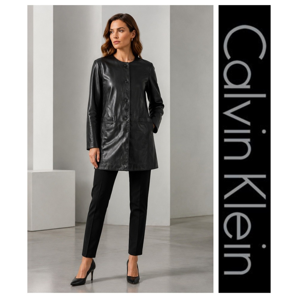 Calvin Klein Womens Black Faux Leather Career Long Coat Jacket Size M